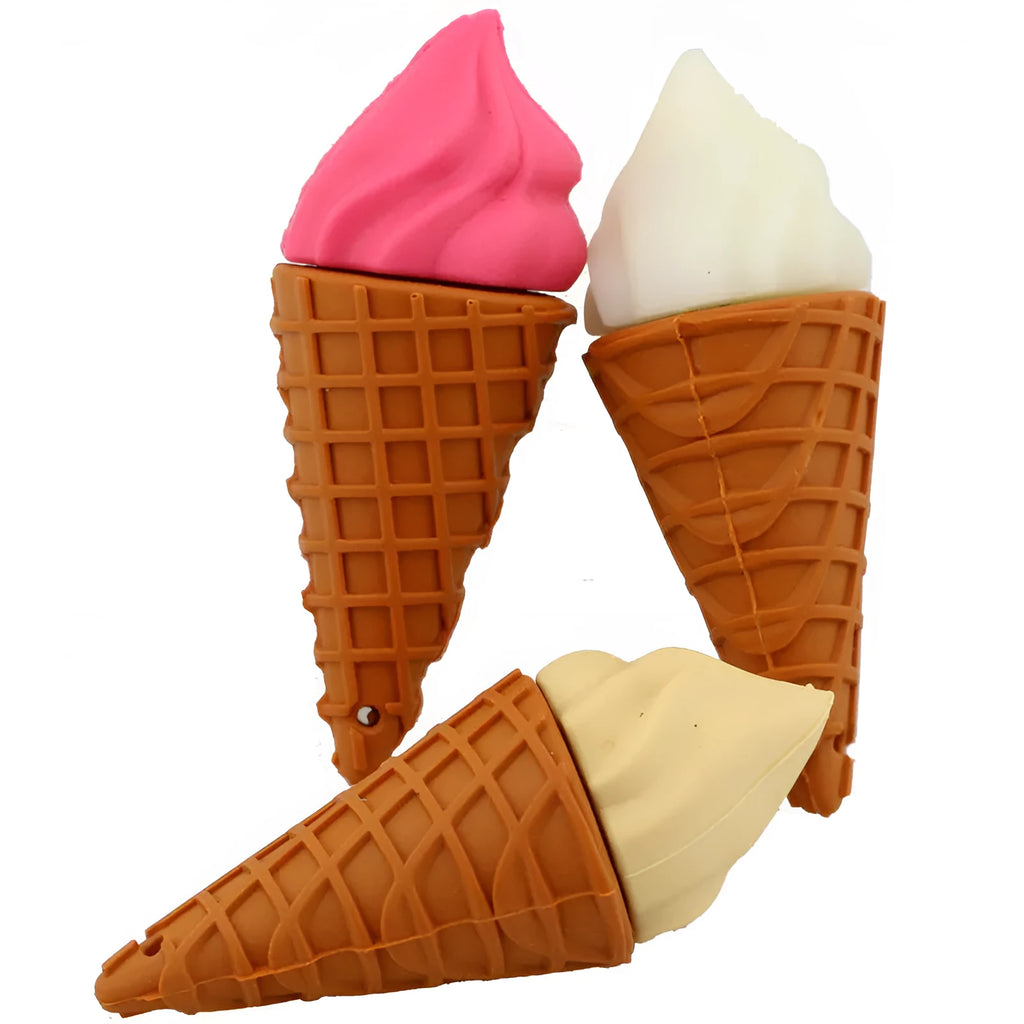Mini ice cream shaped USB flash drive in pink colour on a plain background.