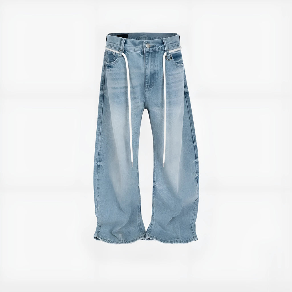 Blue vintage washed retro jeans with a drawstring belt and straight-leg fit
