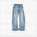 Blue vintage washed retro jeans with a drawstring belt and straight-leg fit