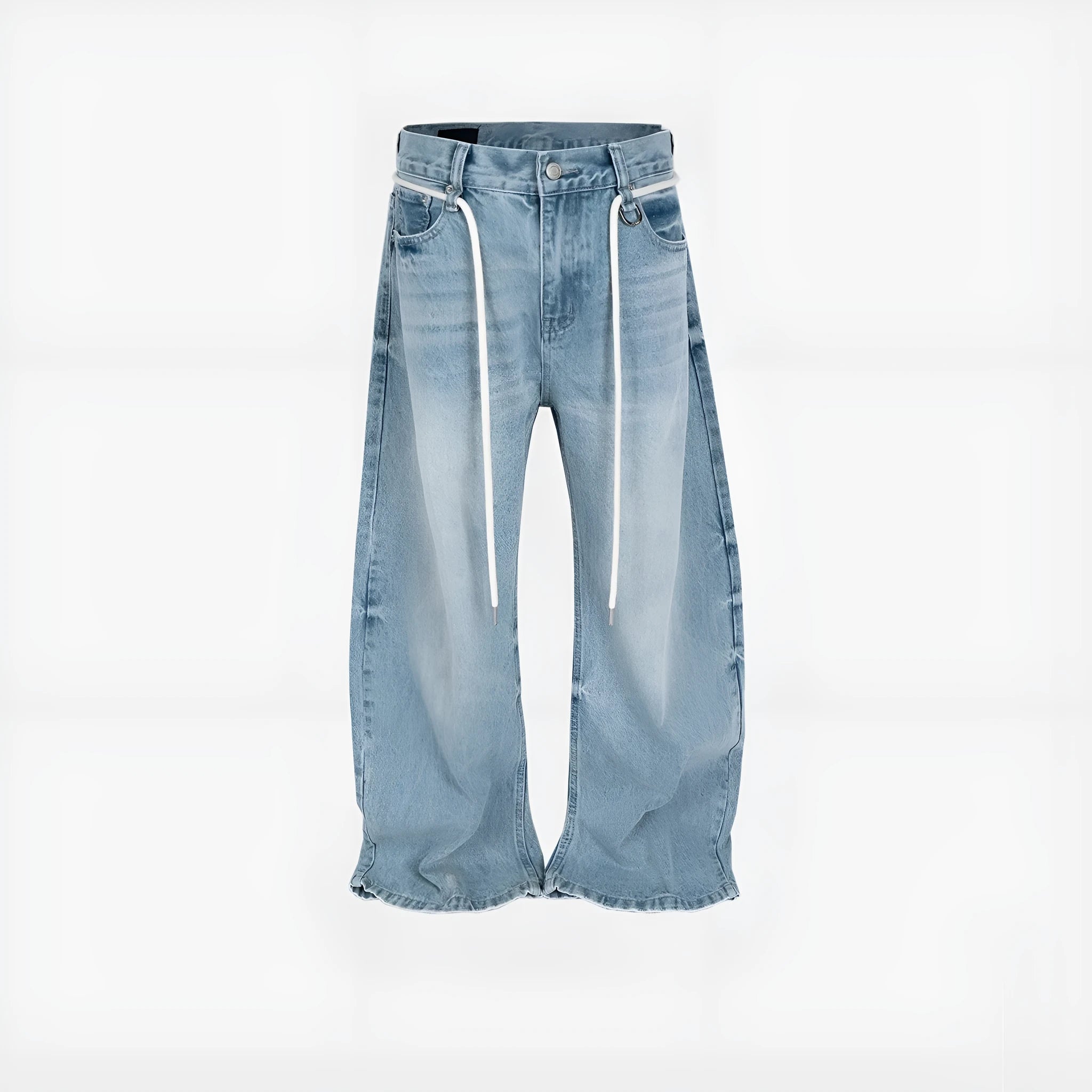 Blue vintage washed retro jeans with a drawstring belt and straight-leg fit