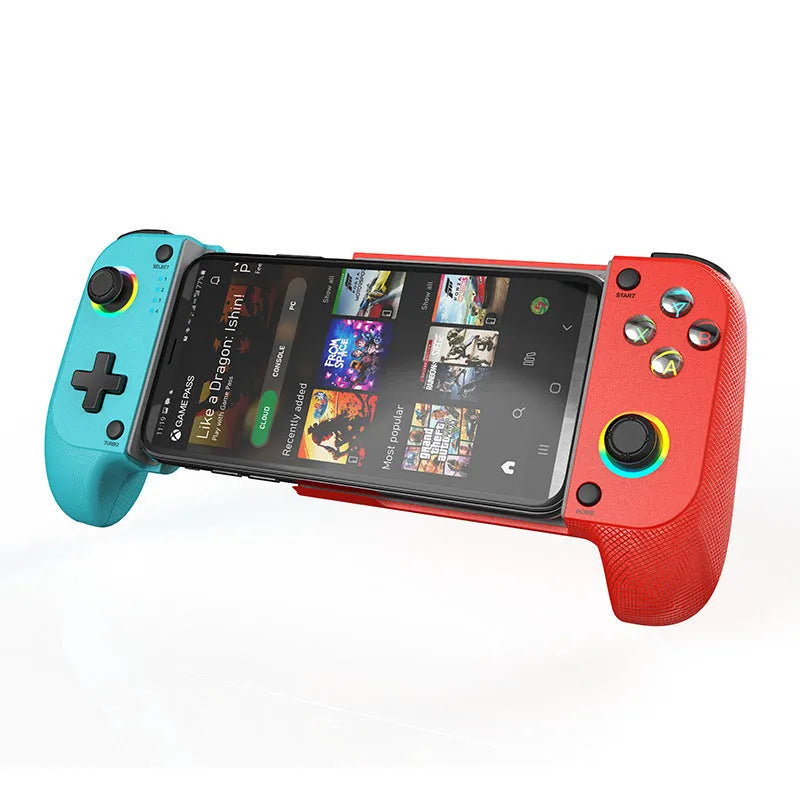 Black Bluetooth wireless game controller for mobile phones shown next to a smartphone