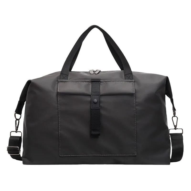Grey one-shoulder travel bag with 36-55L capacity showing Oxford cloth construction