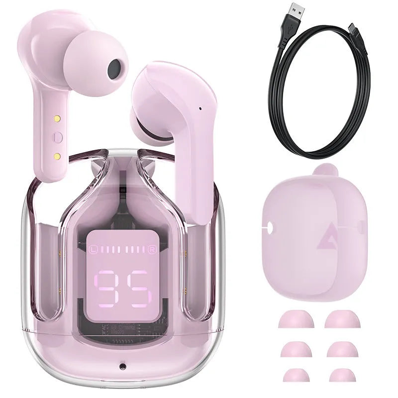 LED Power Digital Display Mini Wireless Bluetooth Headset in selected colour with charging case and accessories.