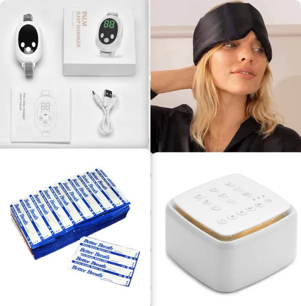 White intelligent sleep aid device handheld remote control with sleep bracelet on a dark background.
