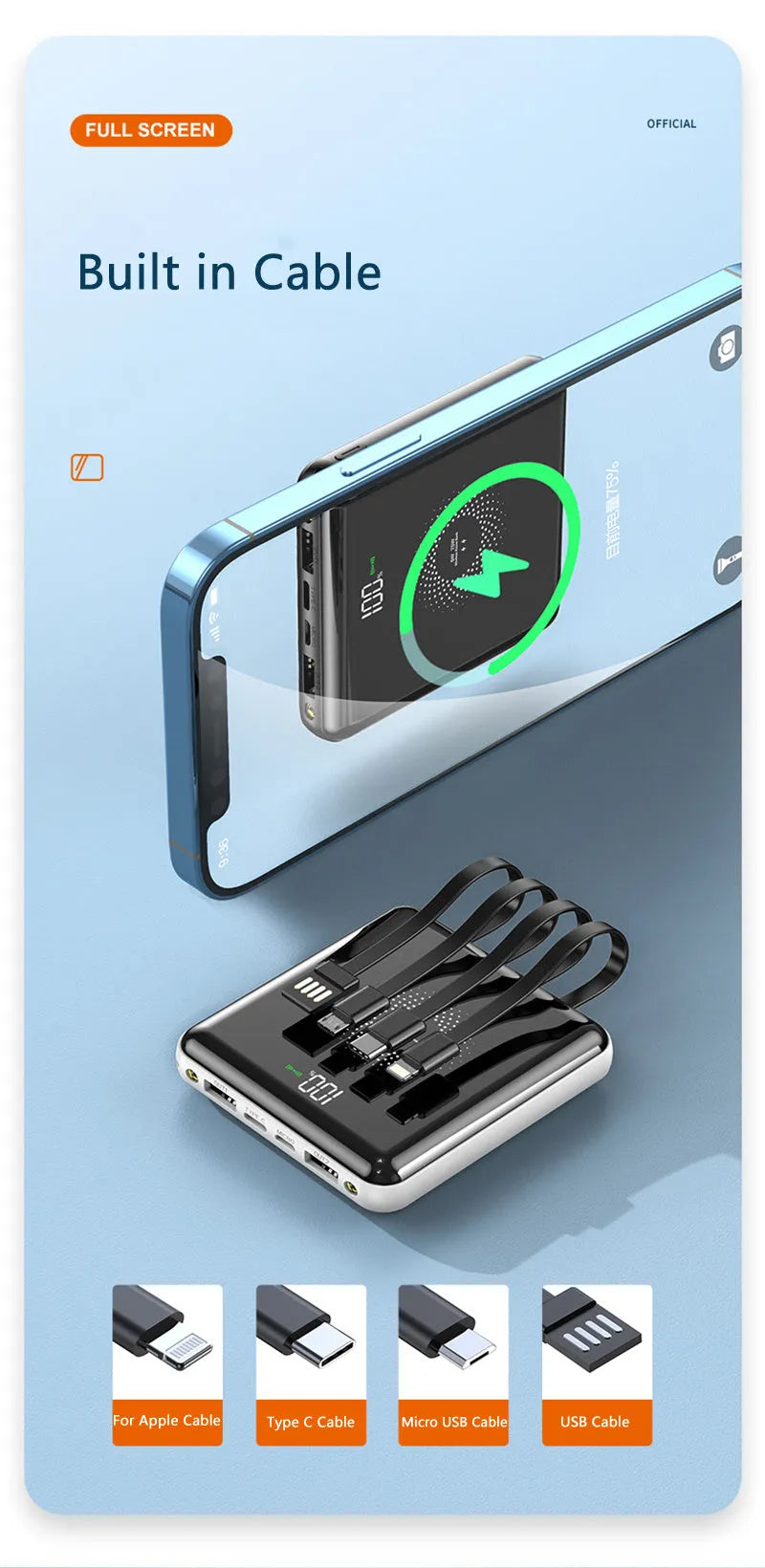 20000mAh portable power bank with LCD display showing black, green, and red colour options
