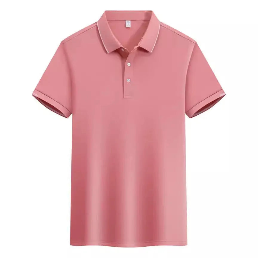 Loose fit cotton blend short sleeve polo shirt showing single-side colour secondary collar lapel detail.