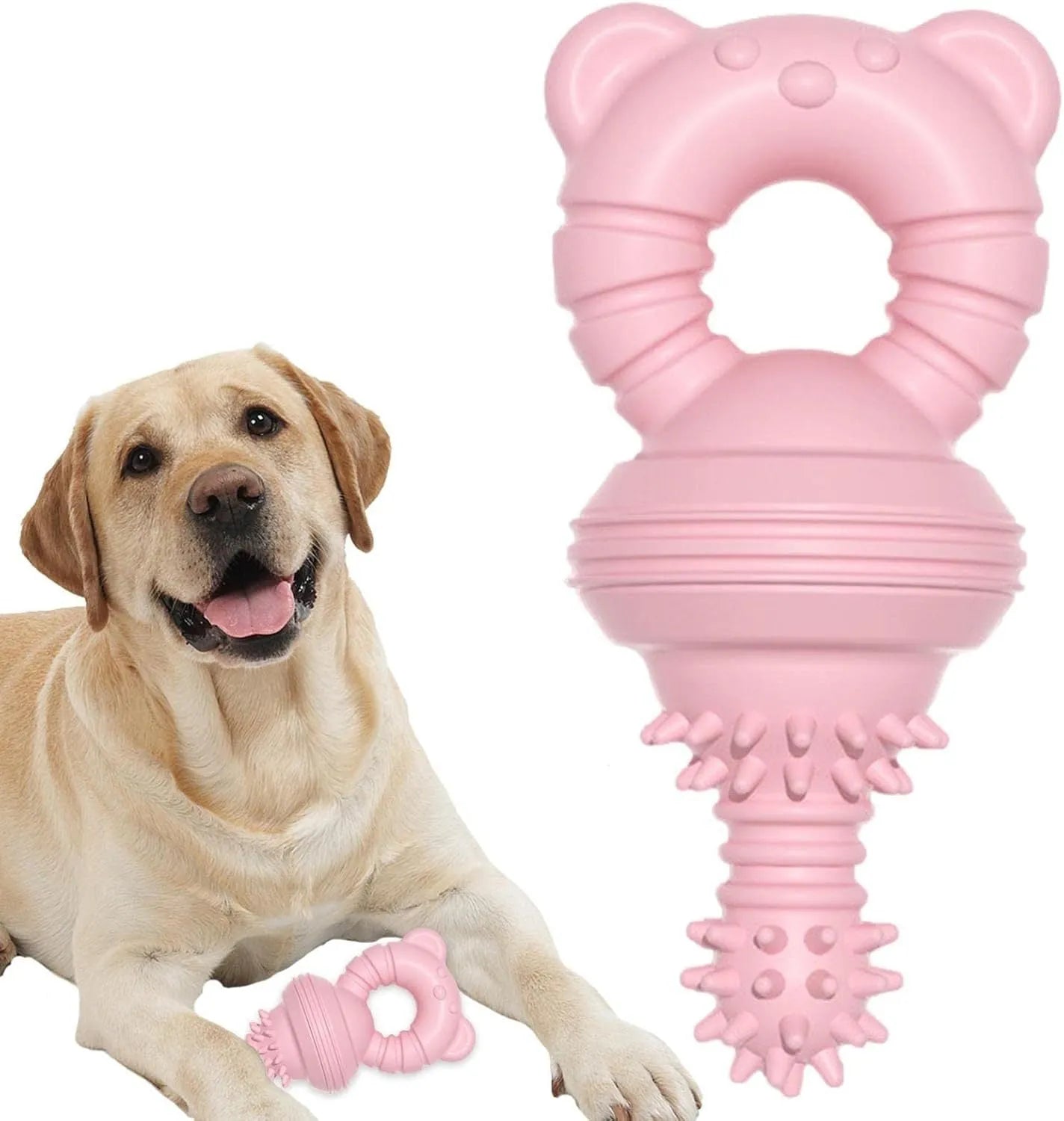 Blue rubber dog chew toy with textured molar cleaning surface and bell inside