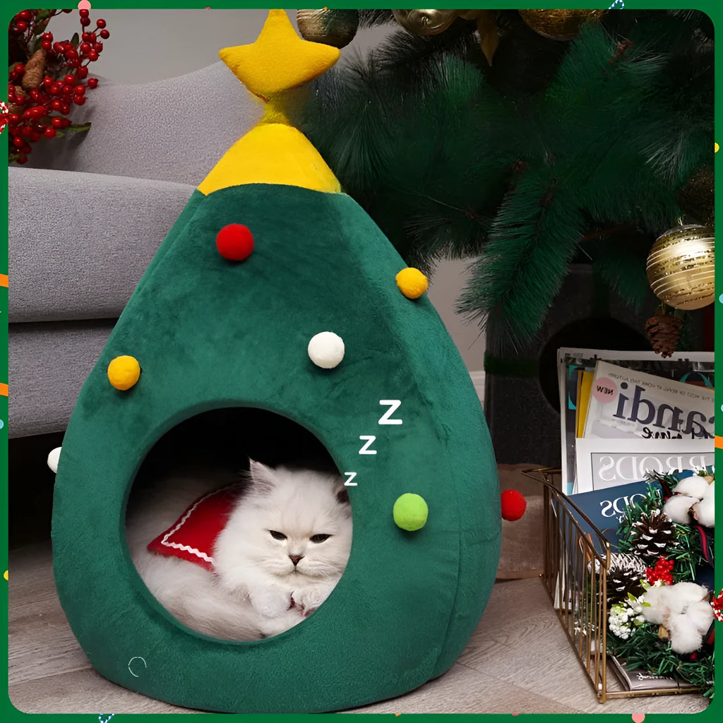 Christmas tree-shaped plush cave bed for cats and dogs, shown in three sizes with detachable design.