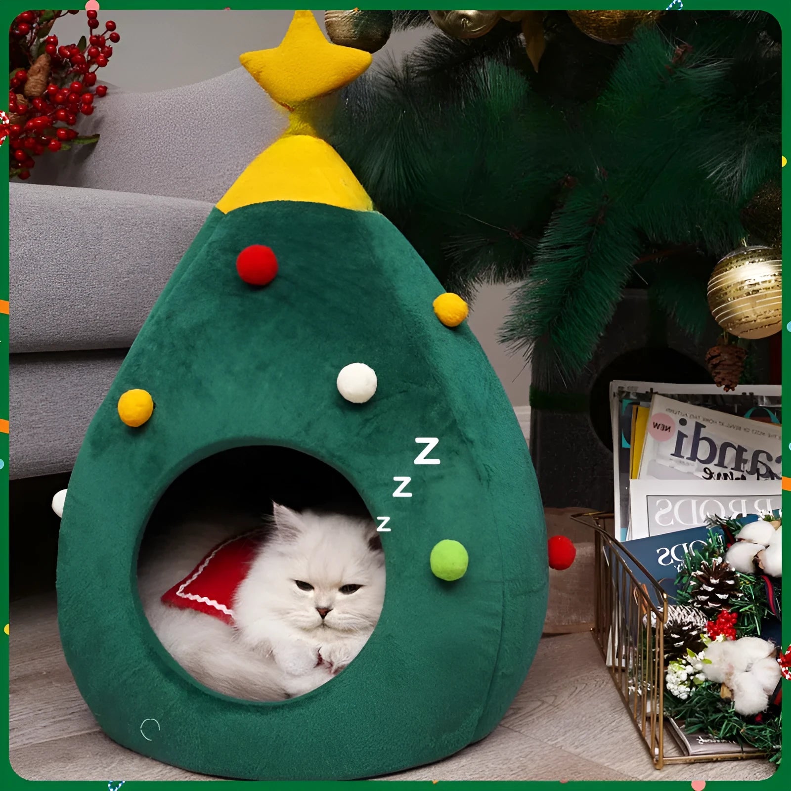 Christmas tree-shaped plush cave bed for cats and dogs, shown in three sizes with detachable design.