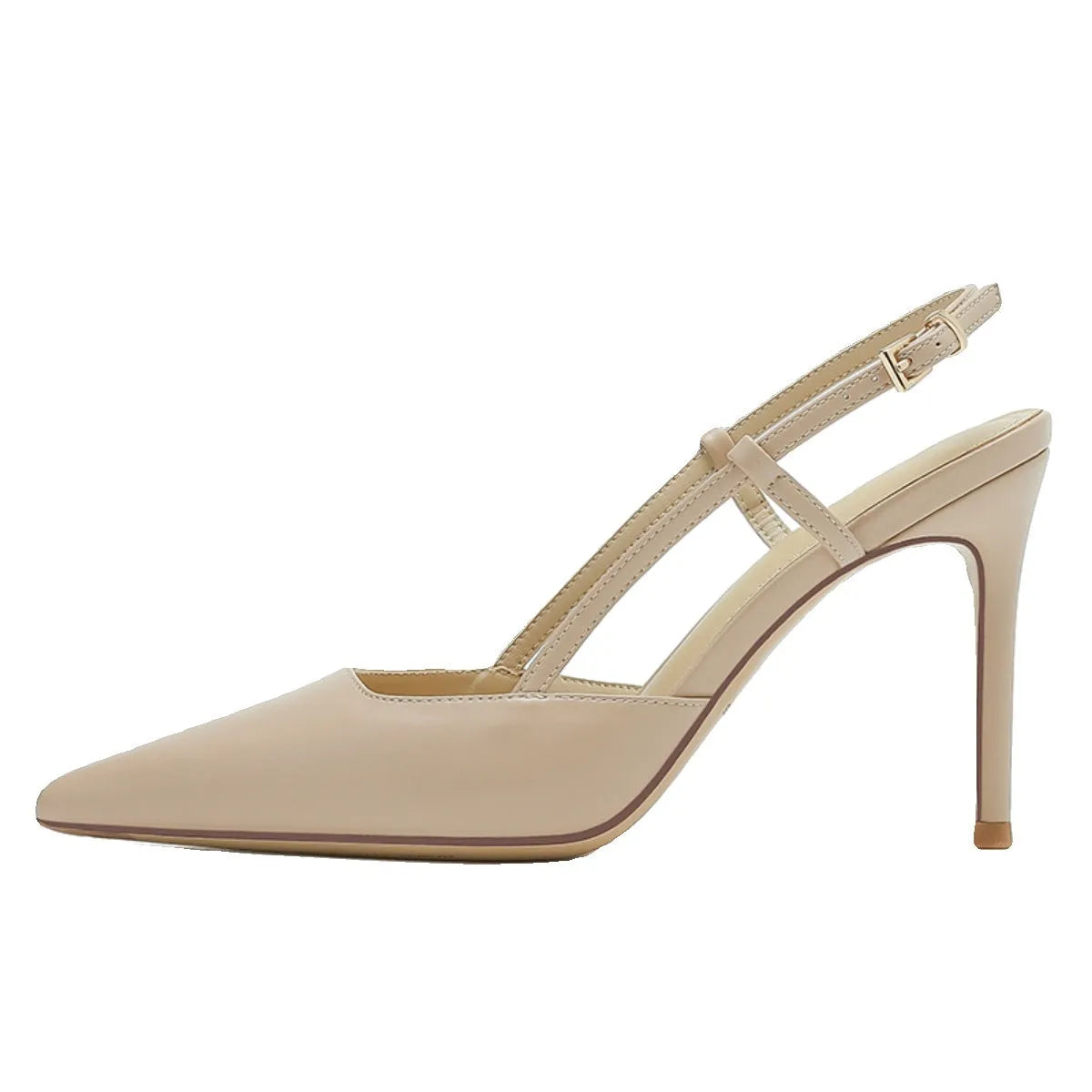 Women's apricot high-heeled sandals with a buckle on the toe strap and thin belts.