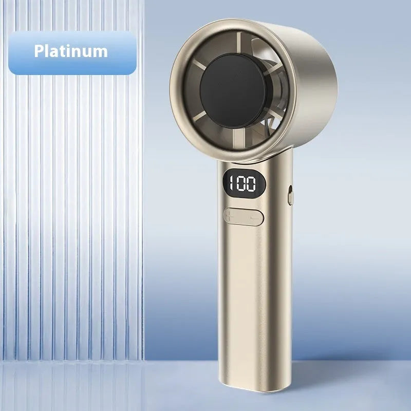 A handheld fan with variable speed control, shown in green, khaki, silver, and white colour options.
