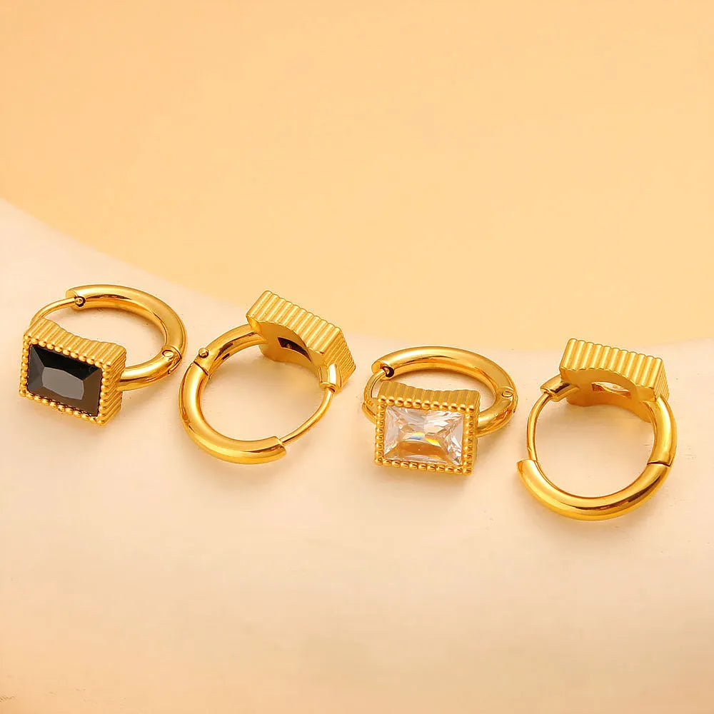 Stainless steel square zircon earrings in black, green, or white with geometric design
