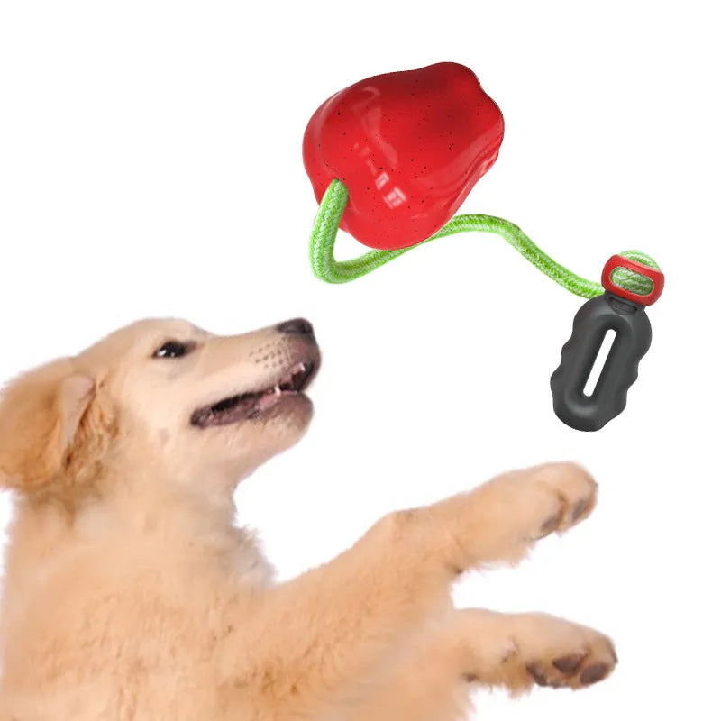 Green and red plastic dog dental toy ball with food-dropping feature and molar-shaped texture