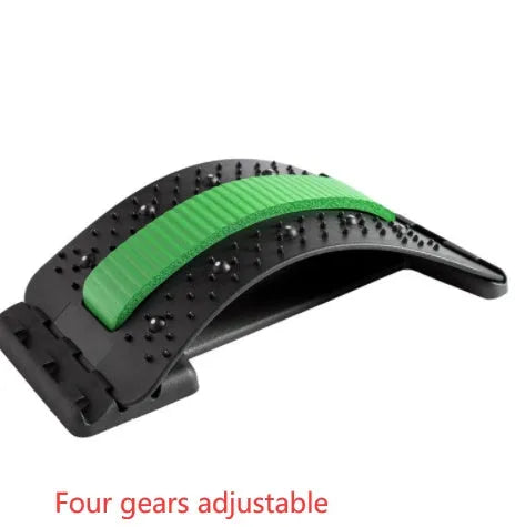 Adjustable back stretcher and waist massager with multiple massage heads in selectable colours.