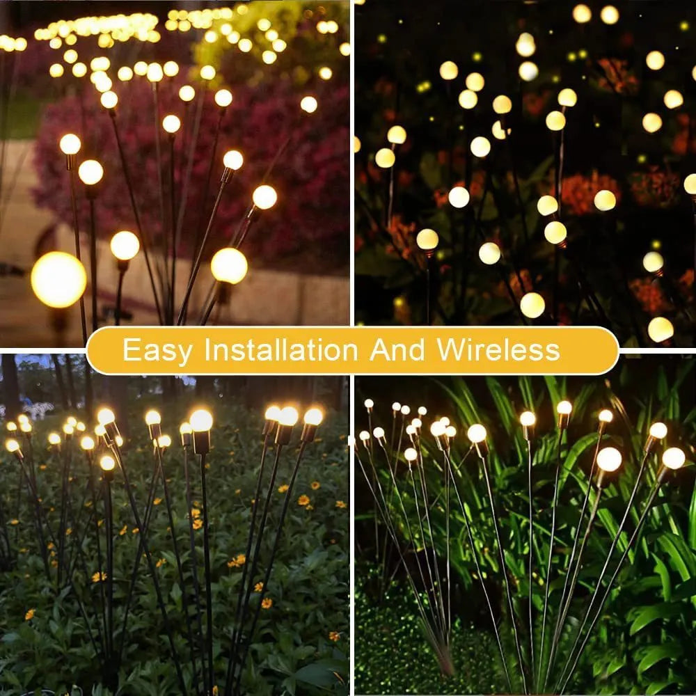 Solar-powered LED garden stake light with multiple heads on a stainless steel spike, showing warm white and coloured light modes.