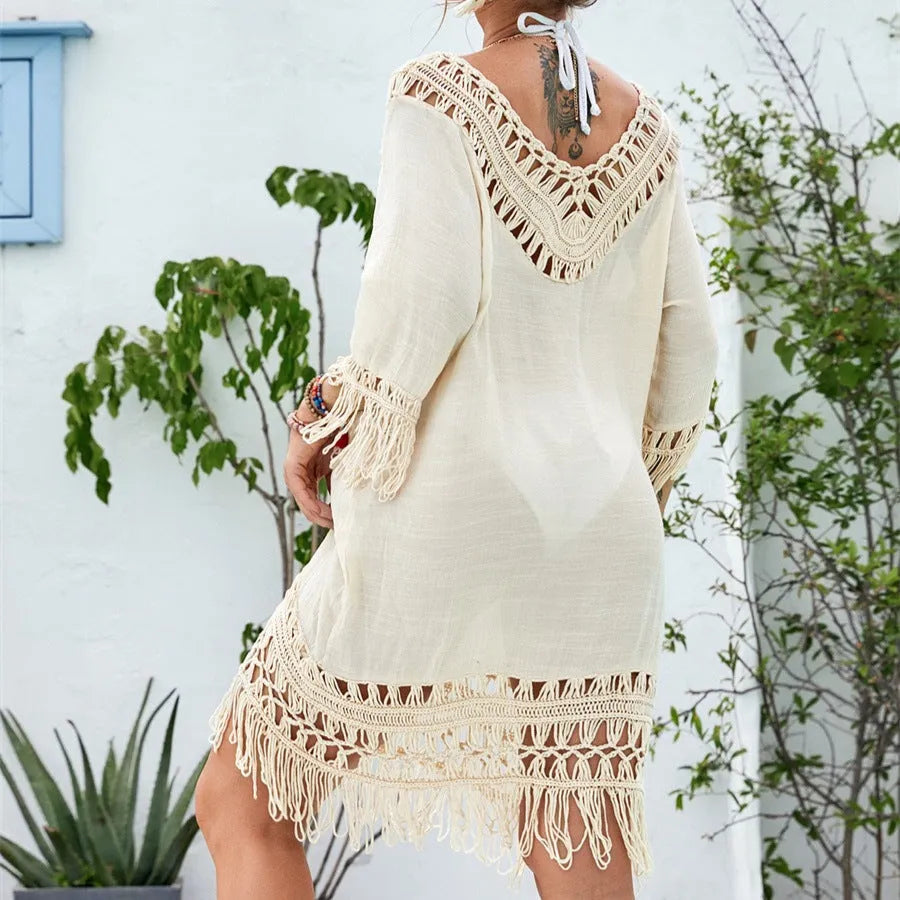 Apricot-coloured women's crocheted knitted patchwork midi dress with half sleeves.
