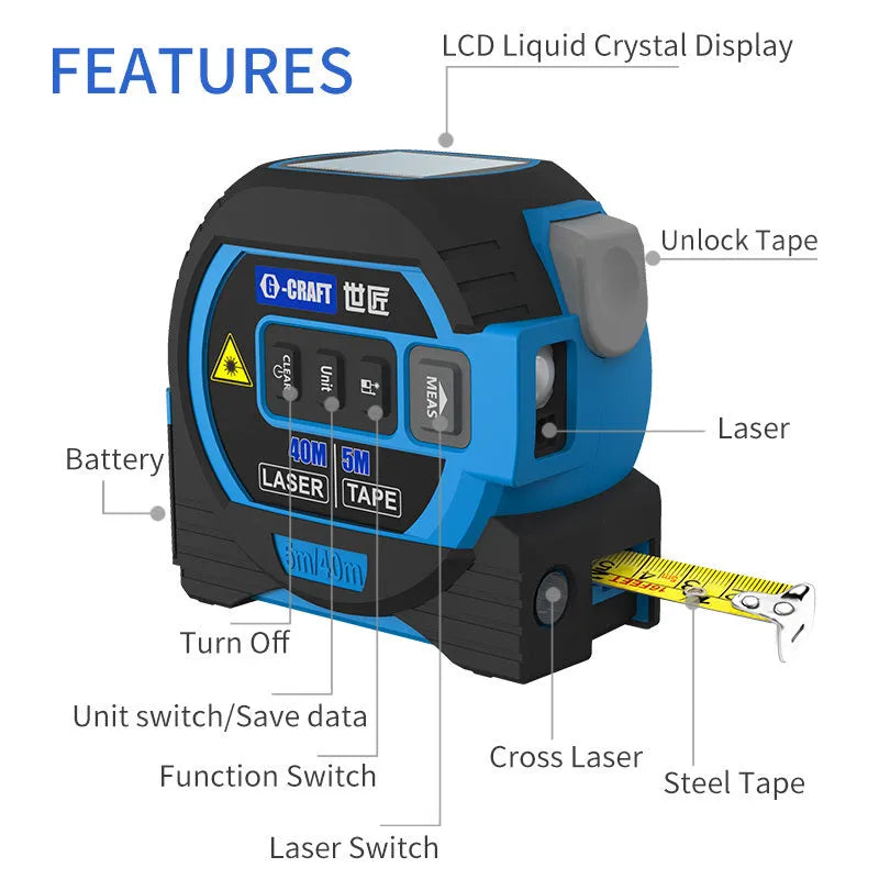 3-in-1 laser tape measure with 5m tape ruler and infrared rangefinder in blue