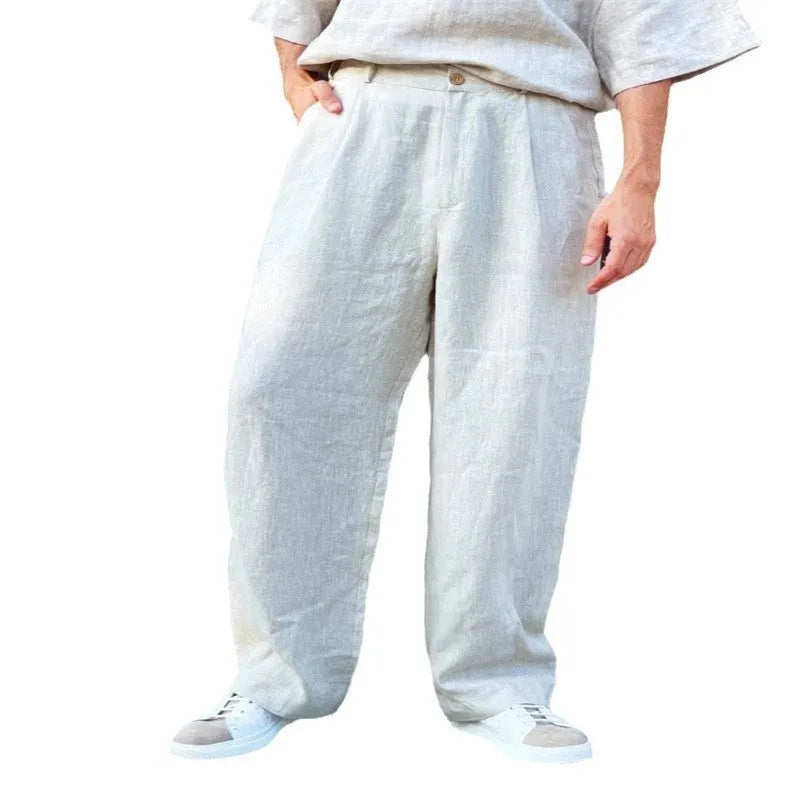 Men's loose fit linen pleated high waist jogger trousers in multiple colour options