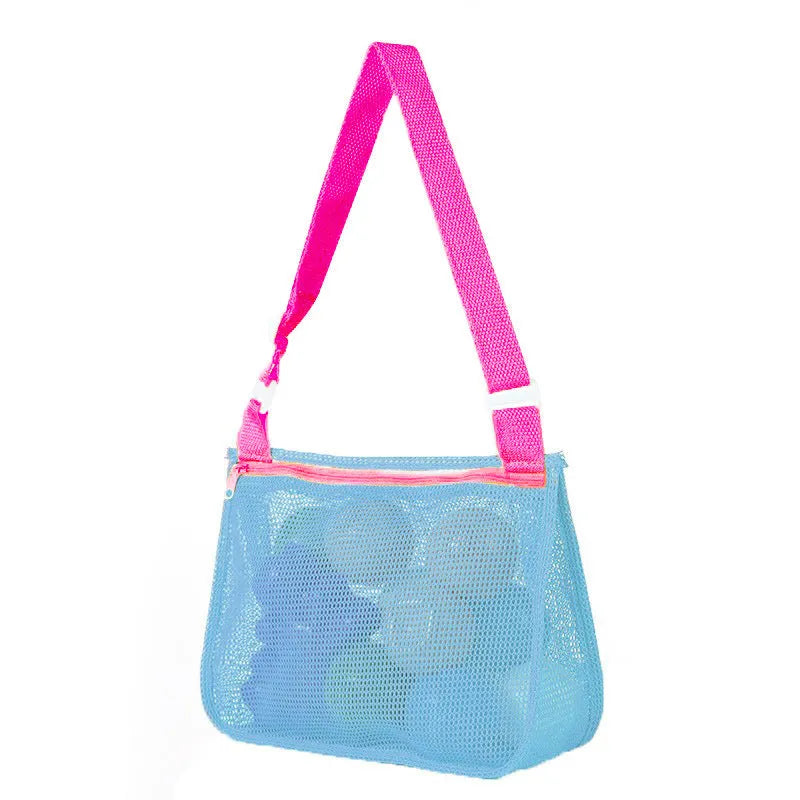 Blue nylon mesh travel storage organiser bag for children's toys and clothing, sealed, measuring 20x25x8cm.