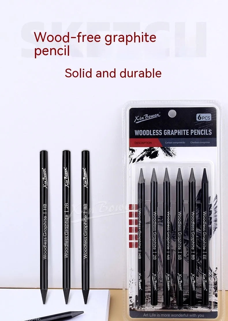 Set of six wood-free graphite sketching pencils with grades HB, 2B, 4B, 6B, 8B, and EE.