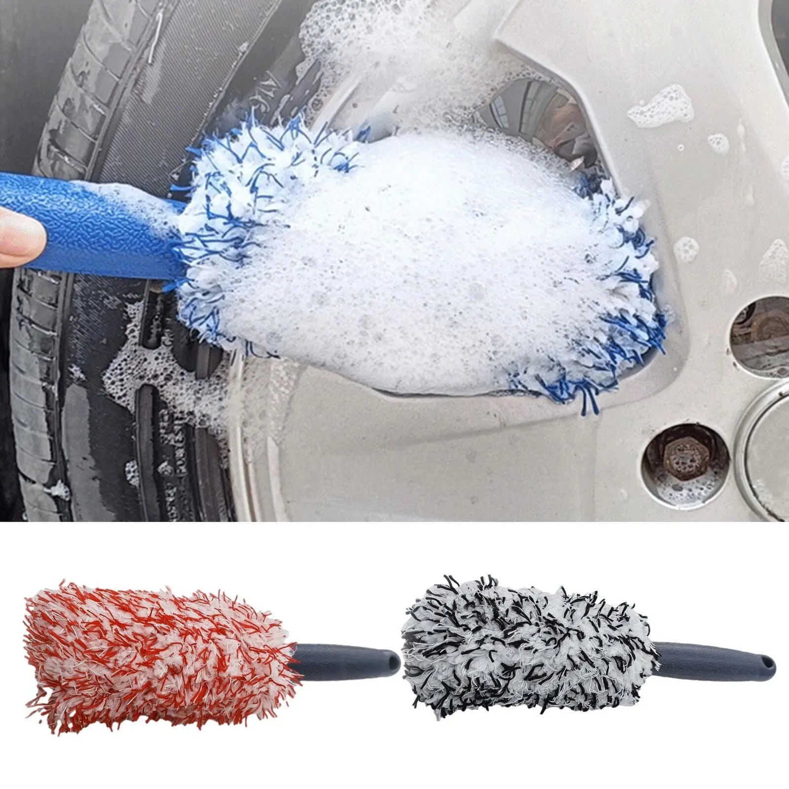Long handled car wash brush with ultra-fine fibre bristles in blue, black or red colour options