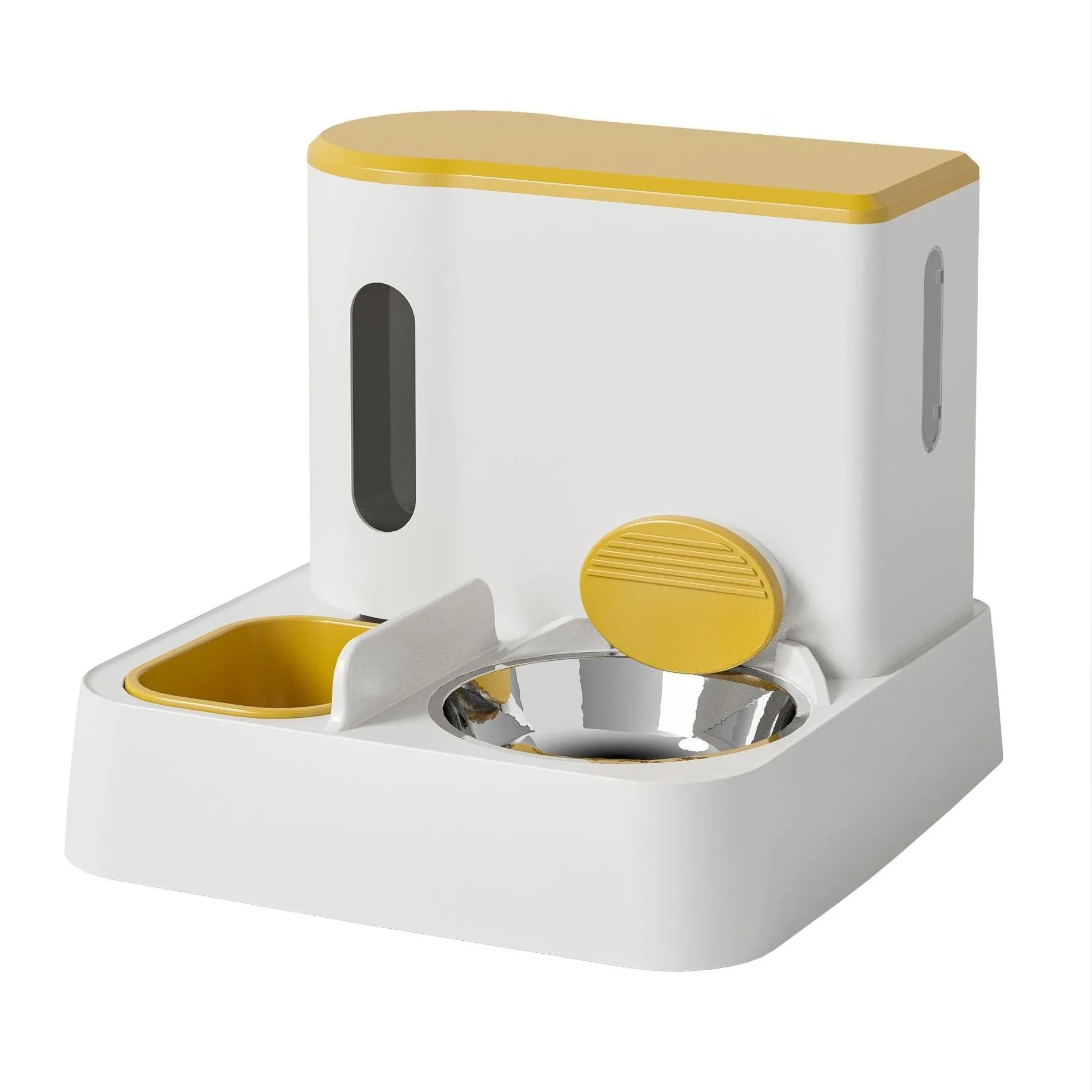 Automatic cat feeder with integrated water dispenser and double bowl system in grey colour