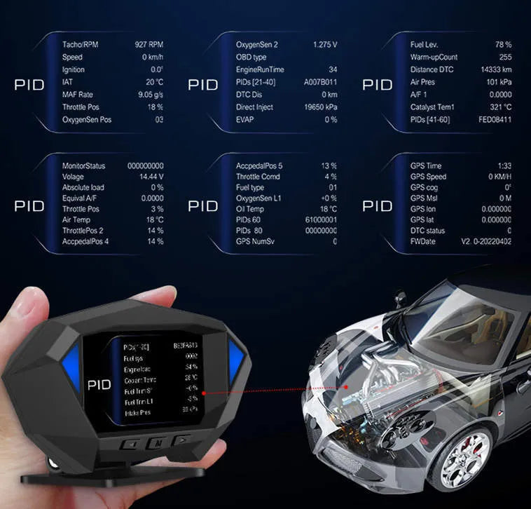 Black vehicle head-up display unit with LCD screen next to OBD cable on car dashboard