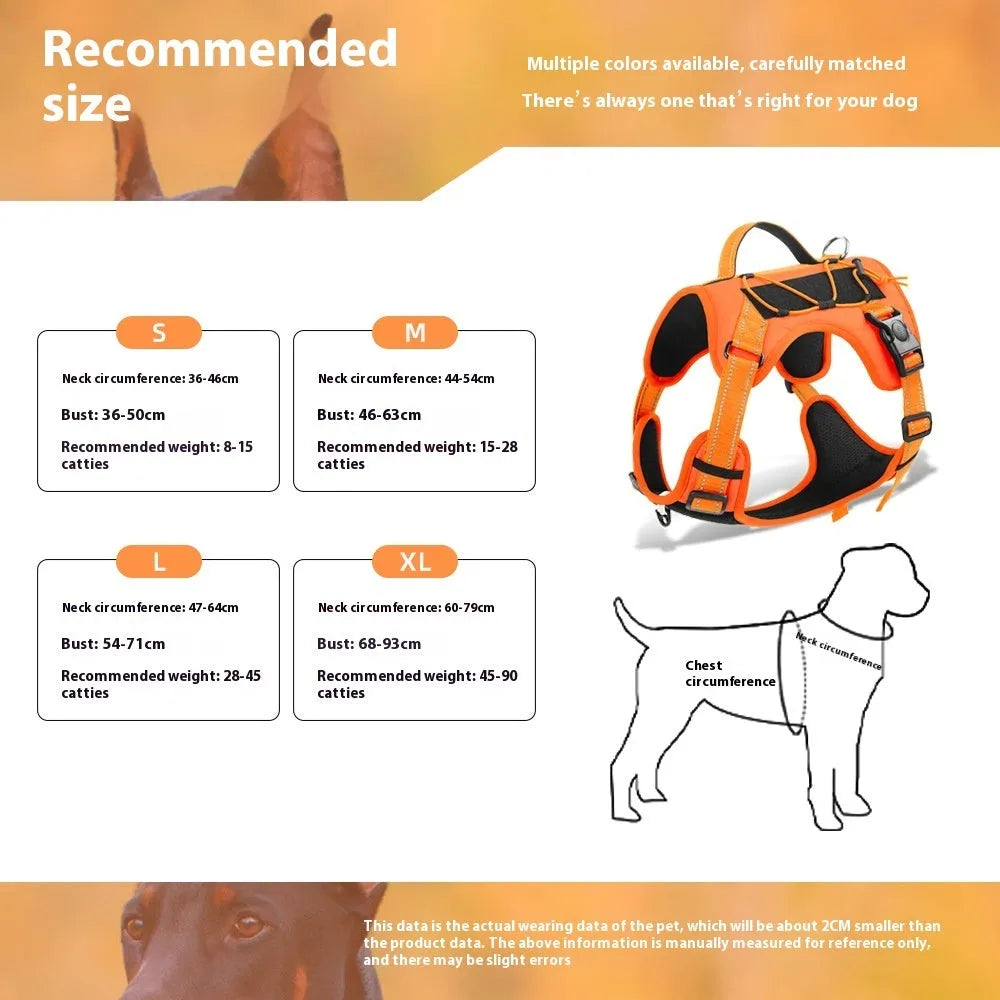 Orange dog harness with reflective trim, showing the explosion-proof chest strap and attached black hand-holding rope.