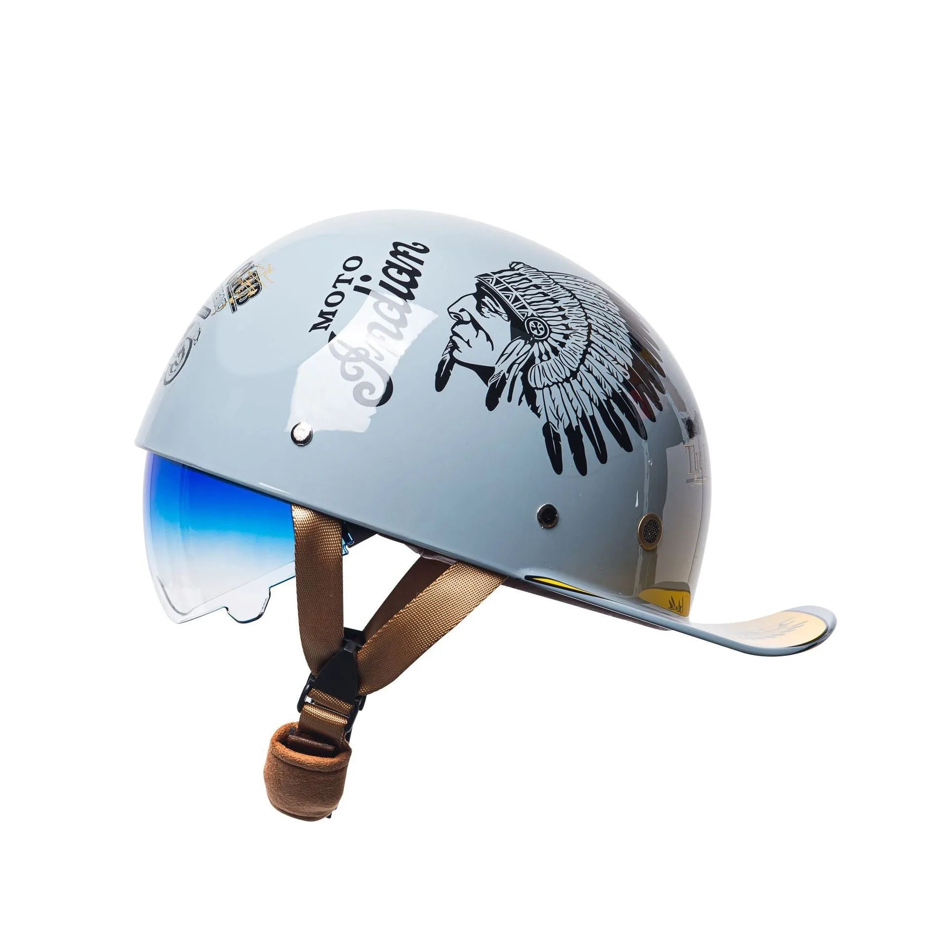 Retro black and gradient blue half helmet for electric bicycles with a blue lens.