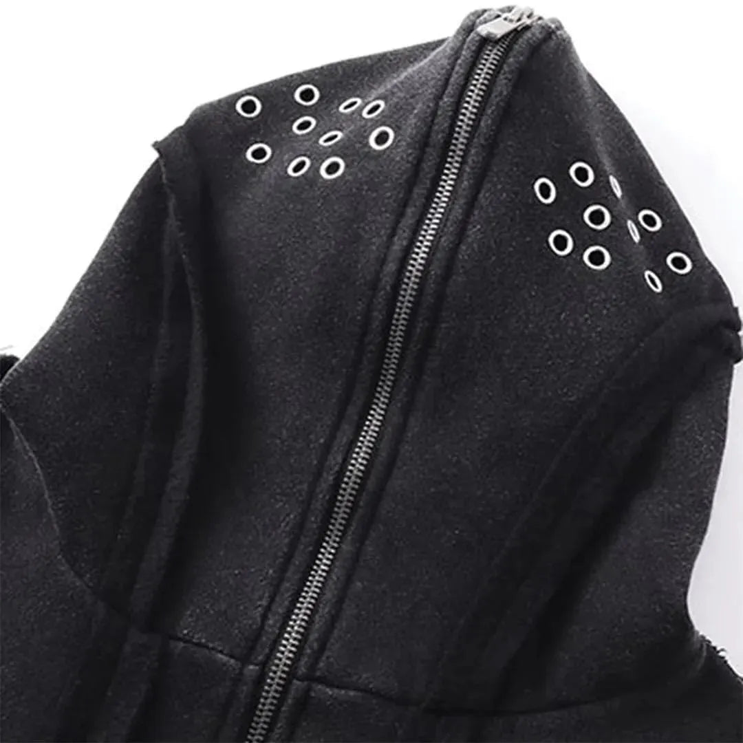 Black retro-style men's cotton padded coat with a zip front and hood on a loose fit.