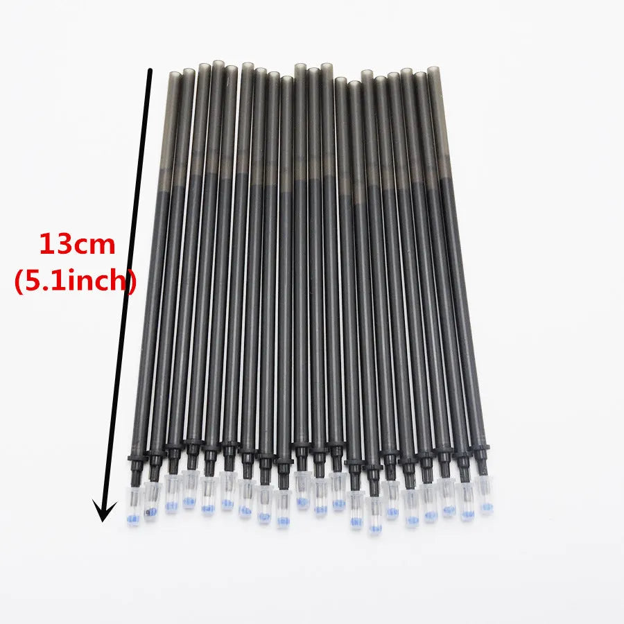 0.5mm fine tip hot erasable pen in black, blue, and red with refill sets on a white background.