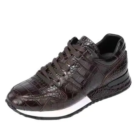 Crocodile pattern elevated leather shoes for men, wedge heel, sheepskin lining, black colour