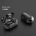 Black binaural Bluetooth V5.0 in-ear headphones with charging compartment and food-grade silicone ear caps