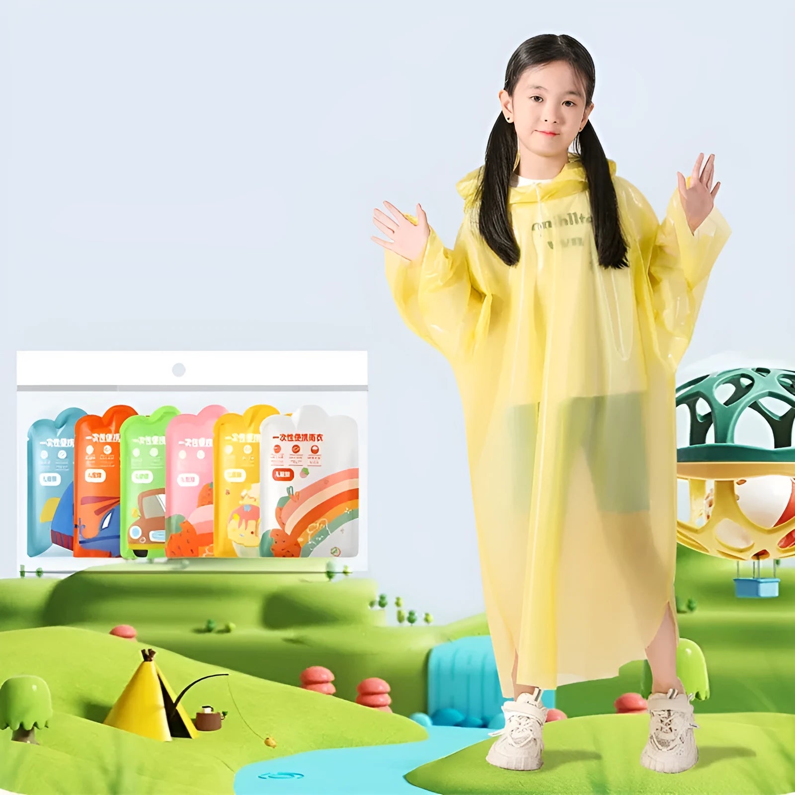 Disposable children's long plastic rain poncho folded to 13cm by 9cm size in various colours.