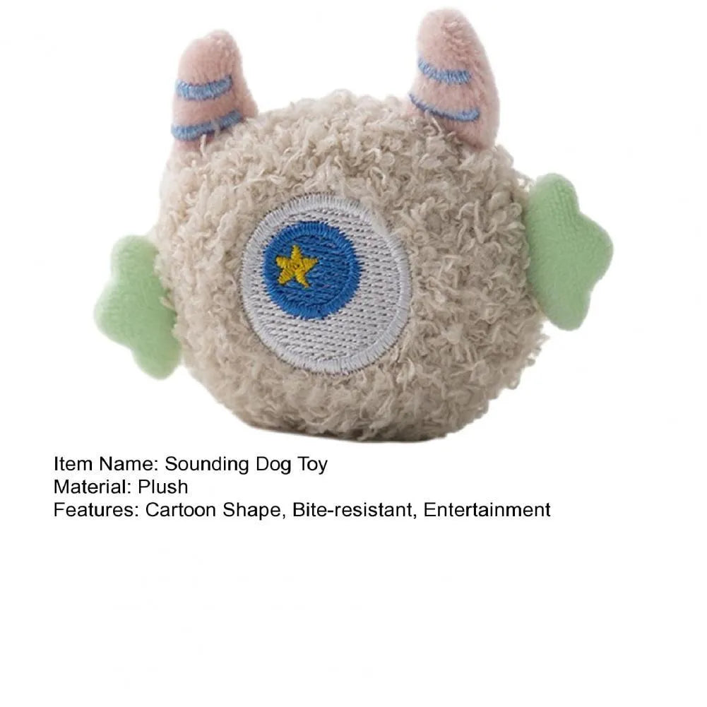 Cartoon-shaped plush dog chew toy with large eyes and squeaker in assorted colours