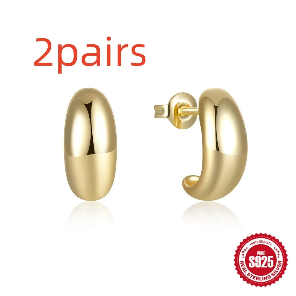 925 sterling silver C-shaped geometric ring stud earrings in gold or white gold finish