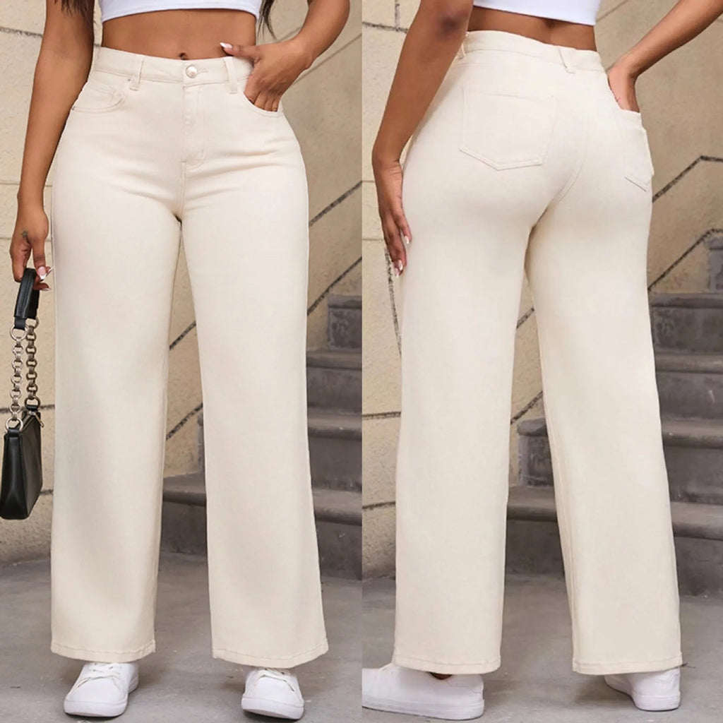 Women's high waist wide leg jeans in apricot colour, made from cotton with high elasticity.