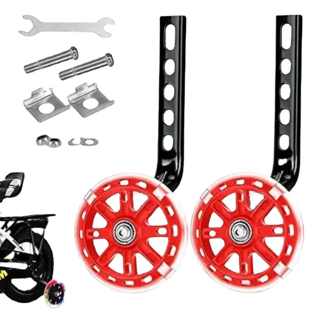 Children's bicycle training wheels kit with universal bracket, shown in assorted colours.