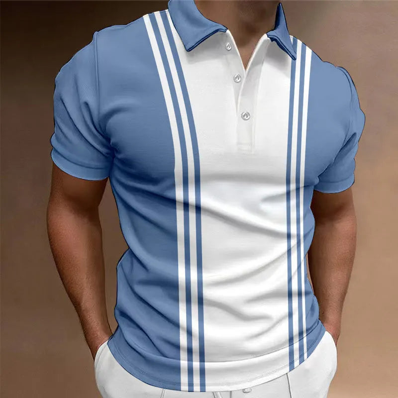 Men's loose fit t-shirt with printed 3 button lapel design in polyester fabric
