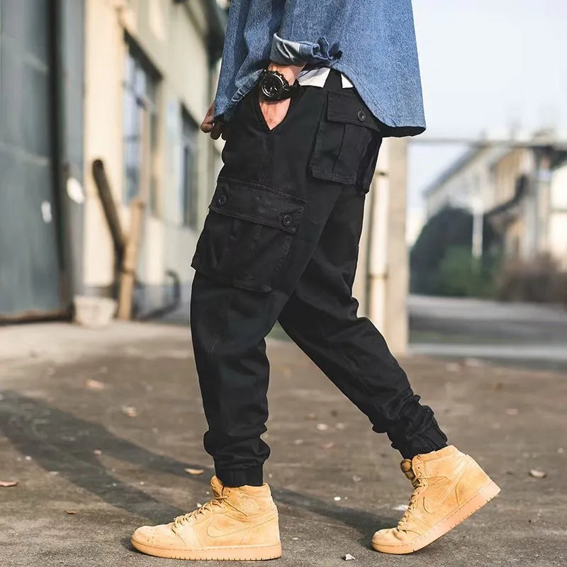 Men's black retro cotton loose cropped overalls with multi-pockets and ankle banded cuffs