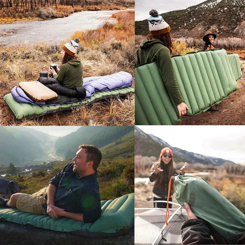 Single inflatable camping mattress in grey or black colour showing 195cm length and 10cm thickness
