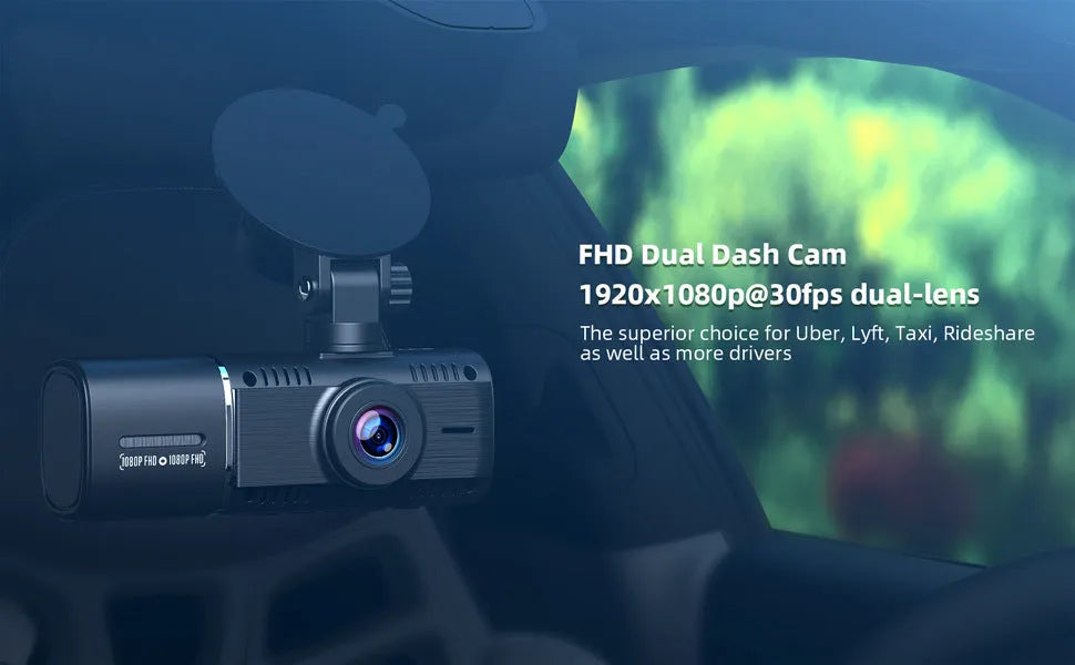 Black car dashcam on stand with 1.5-inch screen for front and rear recording.