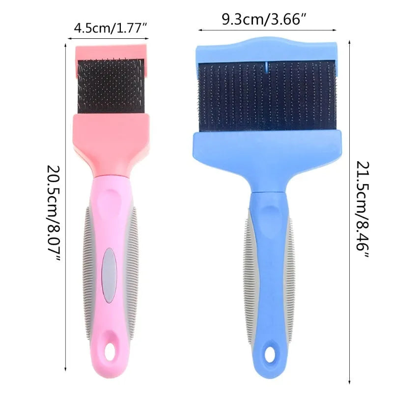 Double-sided blue pet grooming brush with stainless steel pins on one side and soft plastic bristles on the other.