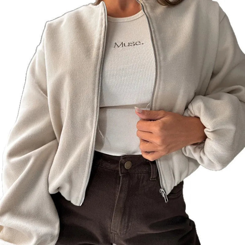 Women's brown polyester short coat with lantern sleeves and off-shoulder round neck design
