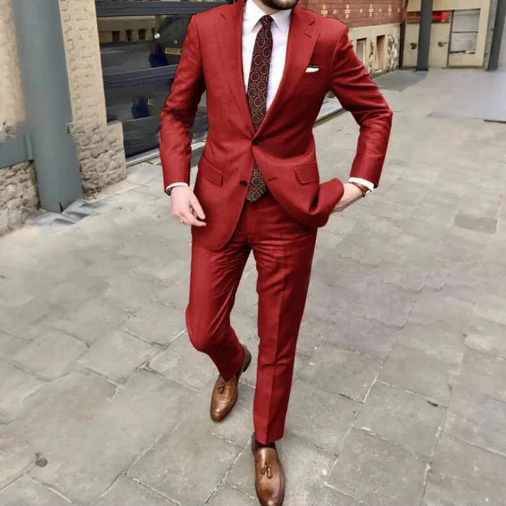 Men's slim fit two-button business suit in acetate fabric, shown in multiple colours with size chart.