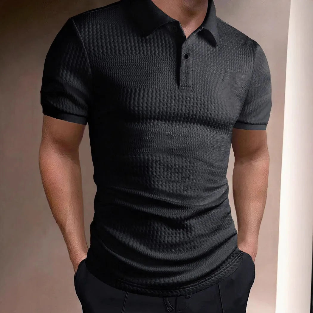 Striped men's polo shirt in loose fit design with short sleeves, shown in multiple colour options