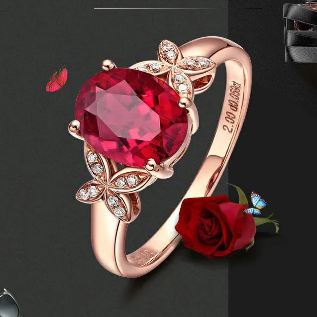 Women's copper butterfly ring with heart design in 18k rose gold tone, blue and red options