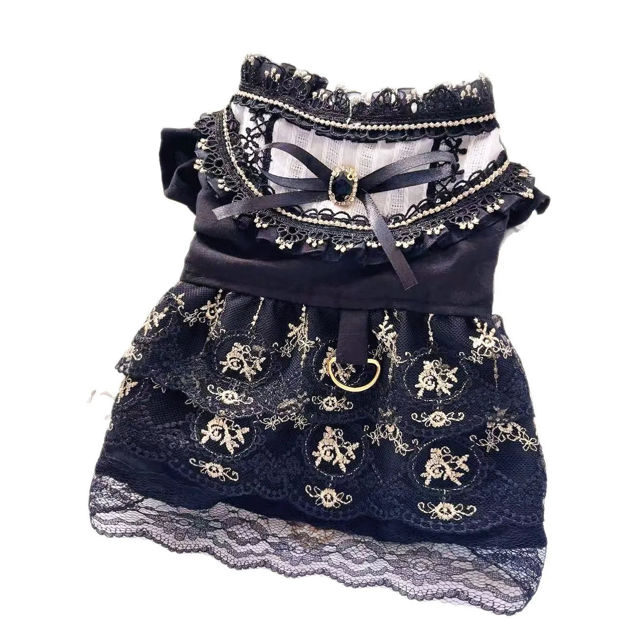 Golden gothic-style princess skirt for a small dog or cat on a mannequin