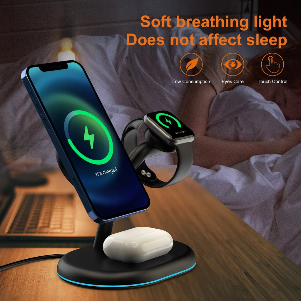 Black three-in-one magnetic wireless charger showing compact ABS body on a desk.