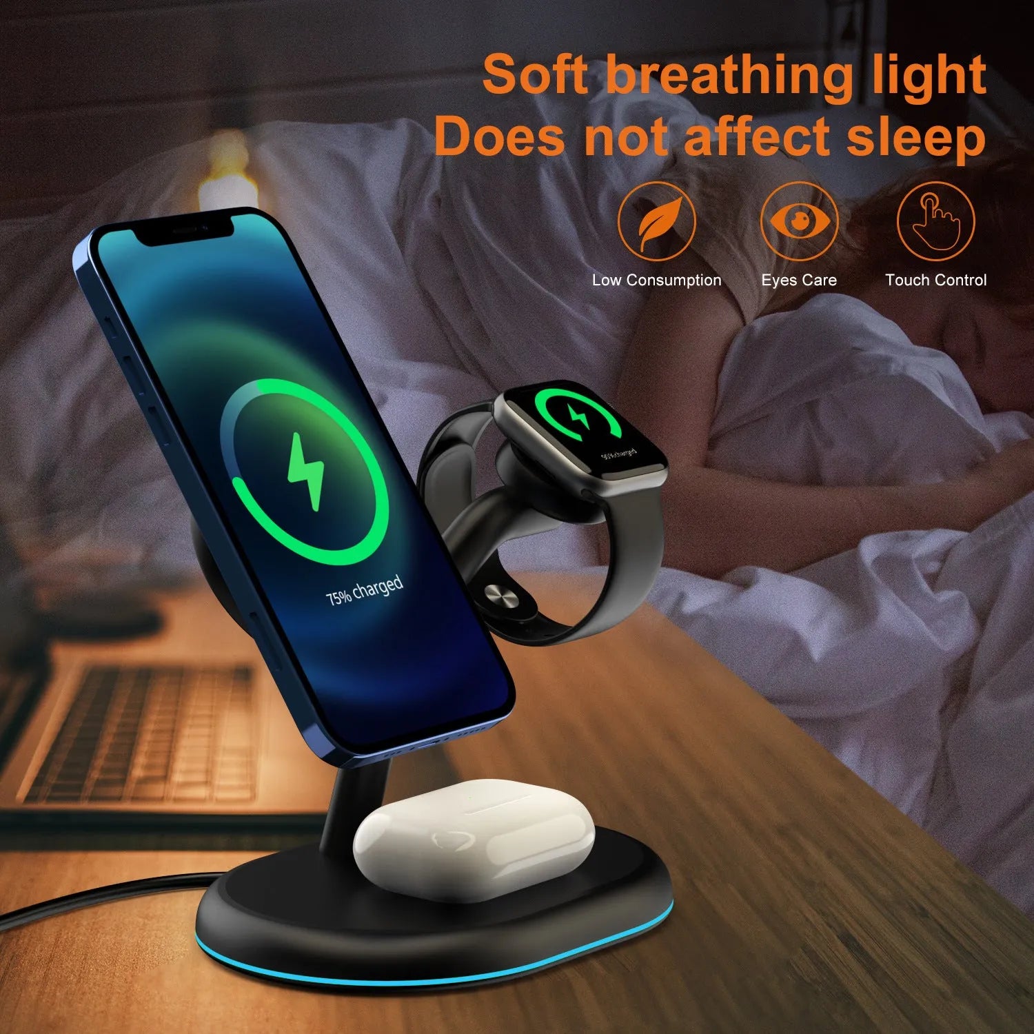 Black three-in-one magnetic wireless charger showing compact ABS body on a desk.